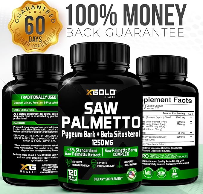X Gold Health Saw Palmetto Prostate Supplement for Men | Pygeum Bark | Beta Sitosterol Supplement | Potent 3X Formula | Urinary Function Prostate | DHT Blocker Hair Growth | 4 Month Supply Male Pills