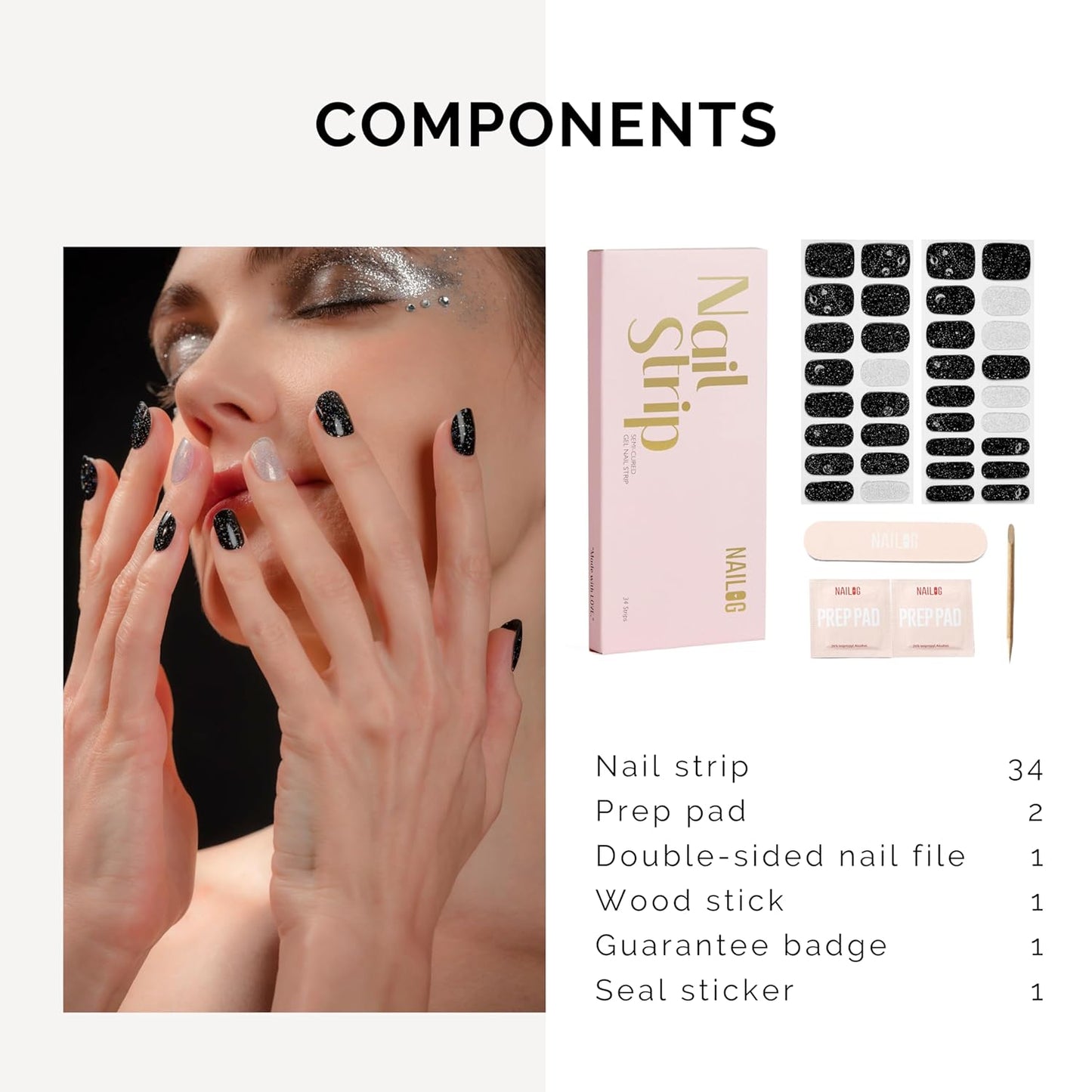 NAILOG Semi Cured Gel Nail Strips 34 pcs| Buy 2 Get 1 UV Lamp | Long Lasting Nail Polish Sticker Wraps with Glossy Gel Finish, Star Walk
