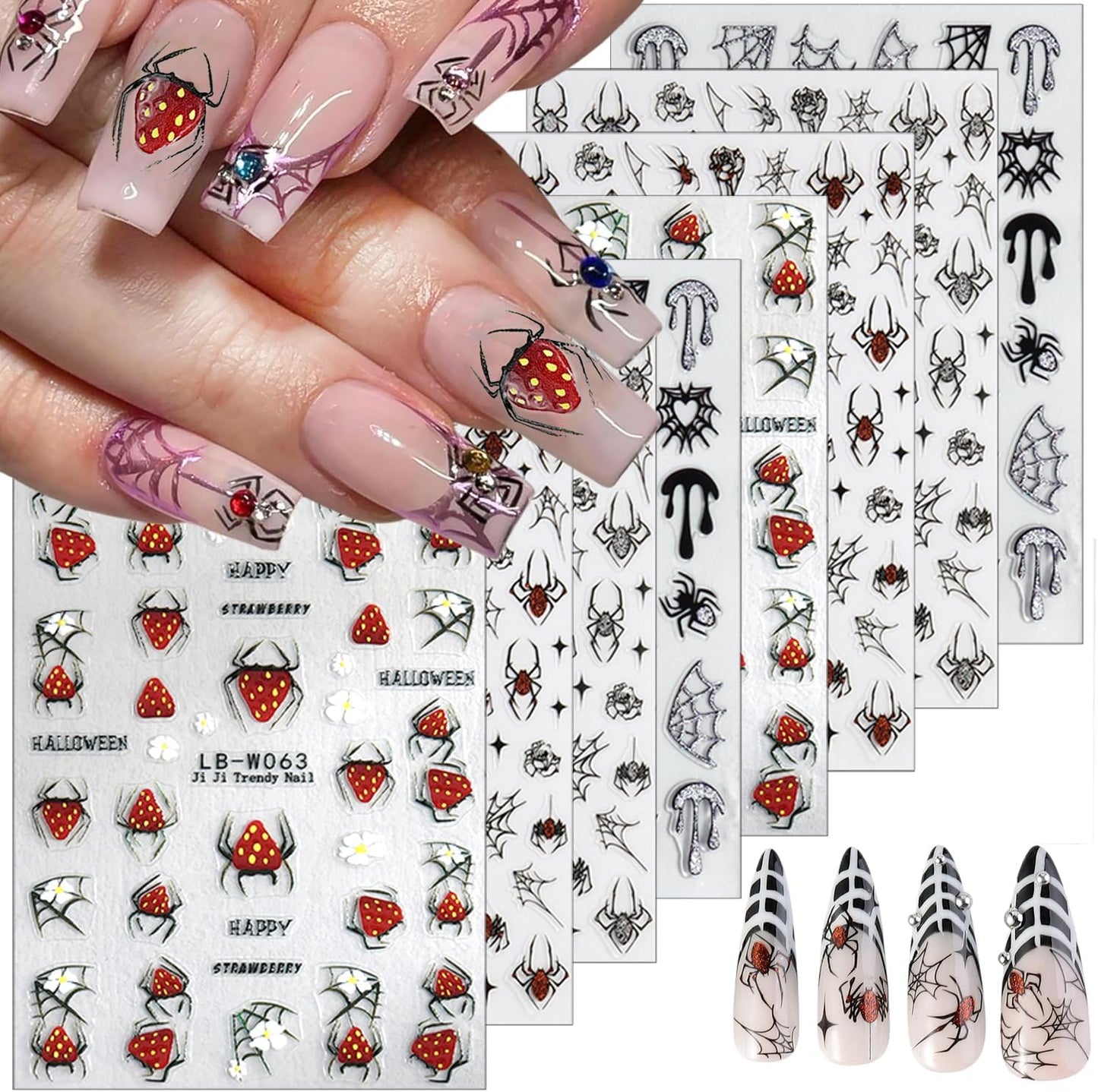 8 Sheets Strawberry Spider Halloween Nail Stickers - 3D Self-Adhesive Decals for Nail Art Design - Red, Black, Silver French Nail Art Supplies for Women
