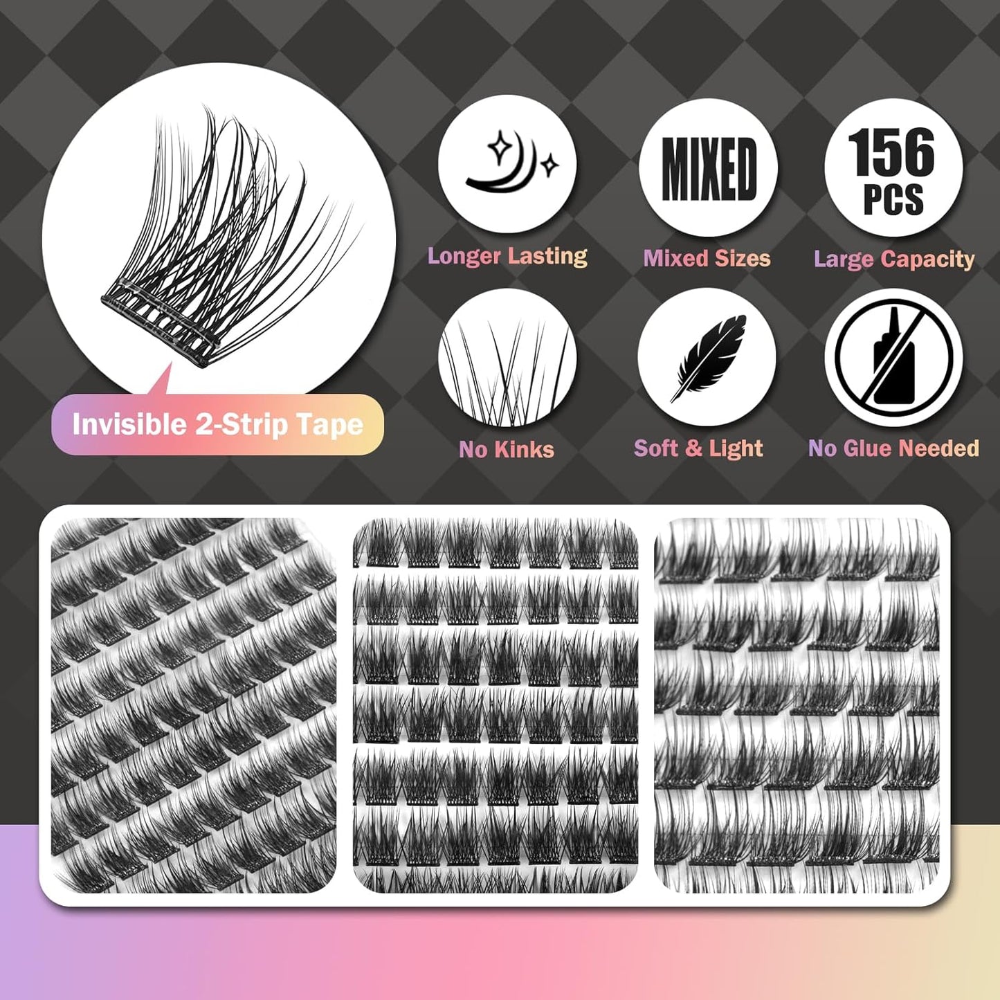 Self Adhesive Eyelashes, 156 Pcs Self Adhesive Eyelash Clusters, No Glue Needed, Invisible 2-Strip Tape - Longer Lasting, No Sticky Residue Pre Glued Eyelashes (Volume-Mixed)