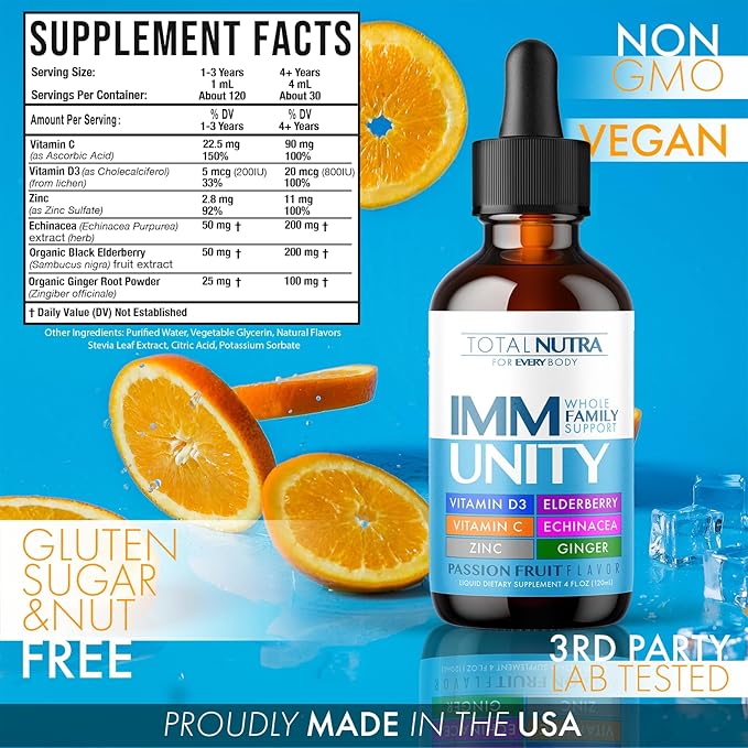 6-in-1 Liquid Multivitamin Supplement | 100% Daily Zinc, Vitamin D3 and Vitamin C Immunity Drops | Elderberry, Echinacea & Ginger Defense Support for Adults & Kids (Passion Fruit, 4oz-4pk)