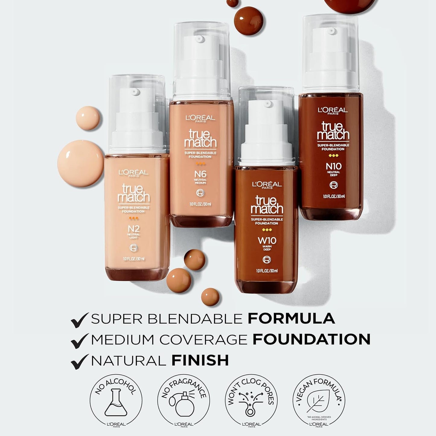 L'Oreal Paris True Match Super-Blendable Foundation, Medium Coverage Liquid Foundation Makeup, C1, Light, 1 Fl Oz