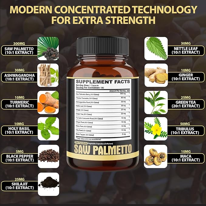 11in1 Saw Palmetto Capsules - Equivalent 5300mg with Ashwagandha, Turmeric, Tribulus, Maca, Green Tea, Ginger, Holy Basil & More - Healthy Prostate & Hair Support - 180 Count 6-Month Supply