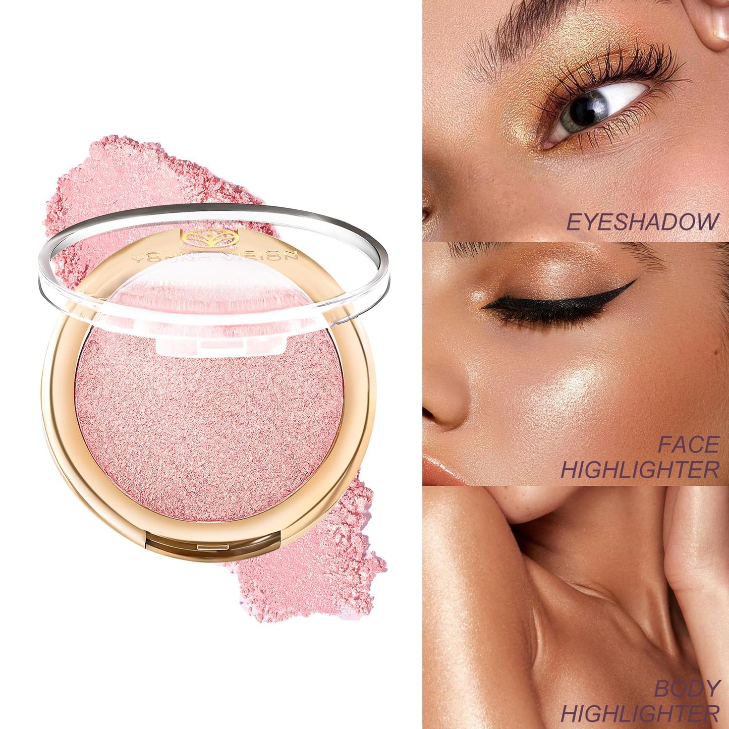YOUNG VISION Pressed Powder Highlighter, Baked Natural Glow Contour Powder & Face Highlighter, Cruelty-Free, Shimmer Highlighting Makeup for Face, Eye, Eyeshadow, Body, Skin (Pink)