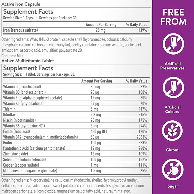 Active Iron for Women, Non-Constipating, 30 Active Iron High Potency Capsules with 30 Multivitamin Tablets, Helps Strengthen Your Immune System