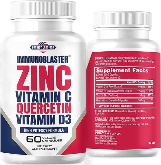 ImmunoBlaster Zinc Quercetin 500mg with Vitamin D and C Antioxidant Immune Support High Potency Quercetin Zinc Supplement for Men and Women - Gluten, Soy, & Dairy Free - 60 Count (Pack of 1)