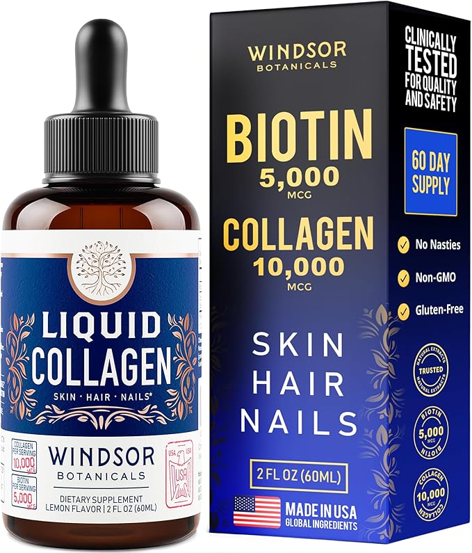 Concentrated Liquid Collagen Peptides Supplement - Hair, Skin, Nail, Joints Support - Sublingual Drops by WINDSOR BOTANICALS - 10,000mcg Collagen, 5,000mcg Biotin - Lemon Flavor - 2-Month - 2 oz