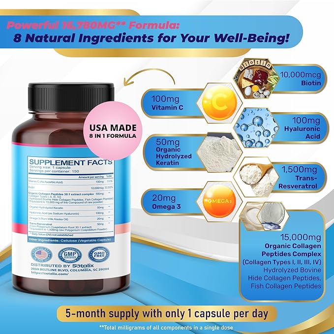 Collagen Peptides 16,780 mg with Biotin + Keratin, Vitamin C + Omega 3 - Radiant Skin, Healthy Joint, Nails - USA Made & Tested (150-day Supply)