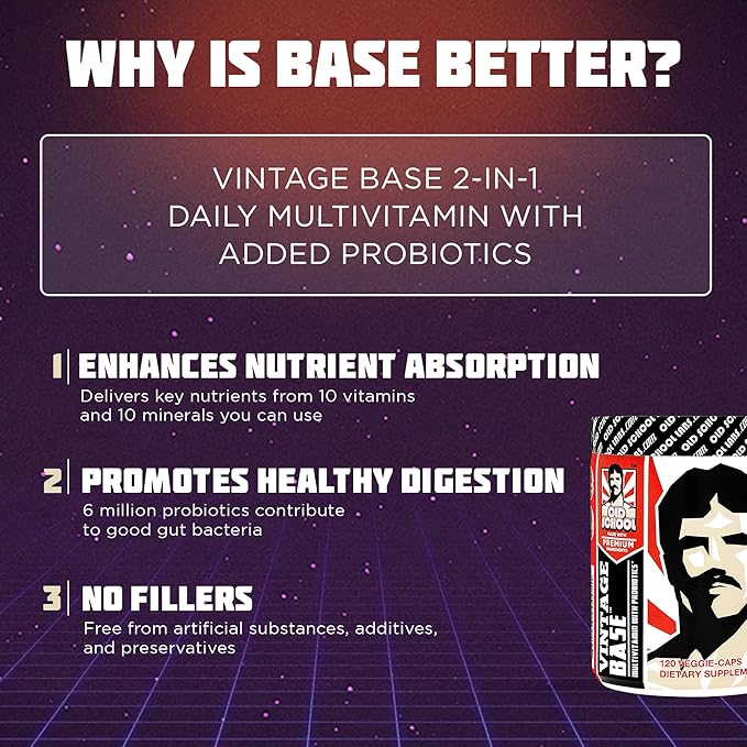 Old School Vintage Base 2-in-1 Multivitamin & Probiotic, Daily Vitamins & Minerals for Optimized Digestion, Intestinal Flora, Immune, Vitamin D3, C, & Zinc for Men & Women - 120 Veggie Caps