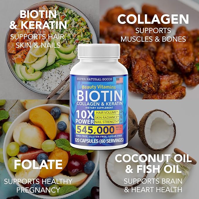 Biotin and Collagen Vitamins + Keratin with Folate - Hair Loss Treatments for Women & Men - Hair, Skin and Nails Supplements for Hair Growth & Postpartum Support - GMO Free & Gluten Free (120 Caps)