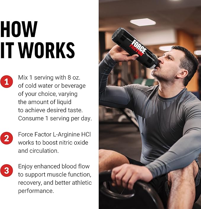 FORCE FACTOR L Arginine HCL, L-Arginine Supplement to Boost Nitric Oxide for Better Circulation, Blood Flow, and Muscle Pumps, L Arginine Powder 6000mg, Unflavored, 30 Servings