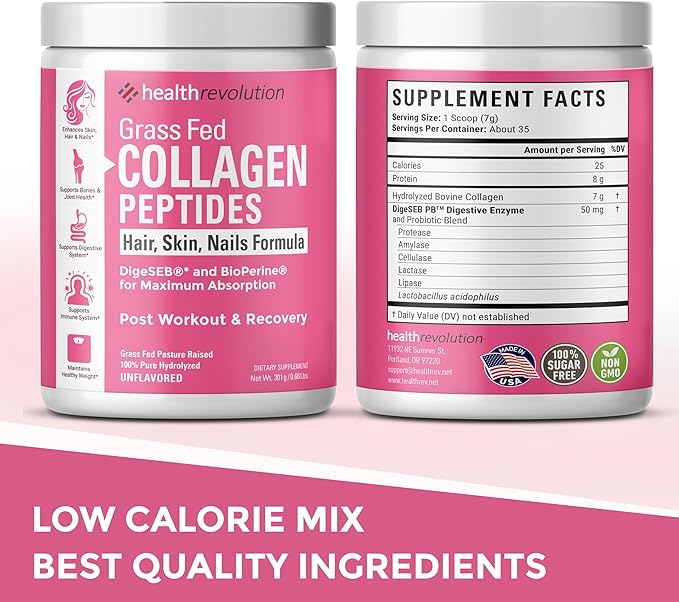 Hydrolyzed Collagen Peptides Powder - Skin, Hair, Nails & Joint Support, Grass-Fed Collagen Enhanced with Probiotics & Digestive Enzymes, Types I & III - Non-GMO, Gluten-Free, Unflavored, 35 Servings