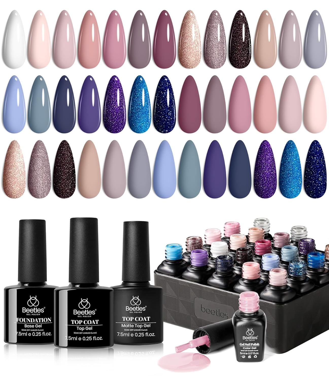 Beetles Gel Nail Polish Kit, 23Pcs Nude Pink Gel Polish White Gray Baby Blue Glitters Nail Polish Set with Glossy Matte Top Coat and Base Coat Fall Winter U V Soak Off Manicure Gift For Women