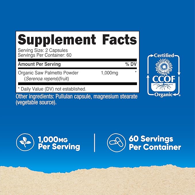 Nutricost Saw Palmetto 1000mg, 120 Capsules - CCOF Certified Made with Organic Saw Palmetto, Vegetarian Friendly, 60 Servings, 500mg Per Capsule, Gluten Free