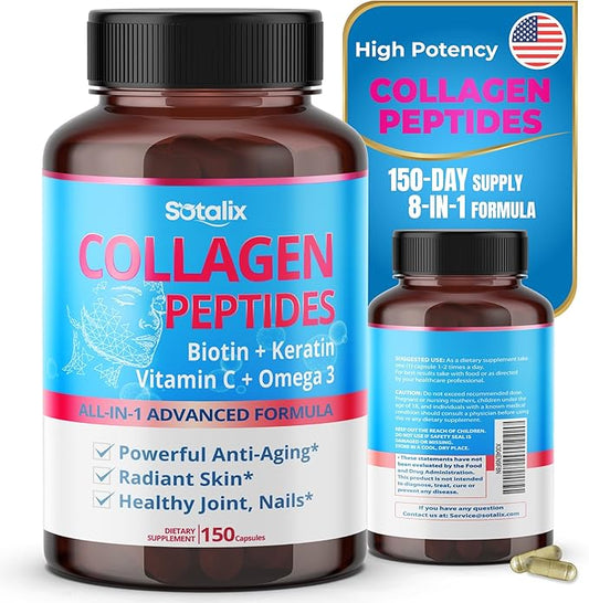 Collagen Peptides 16,780 mg with Biotin + Keratin, Vitamin C + Omega 3 - Radiant Skin, Healthy Joint, Nails - USA Made & Tested (150-day Supply)