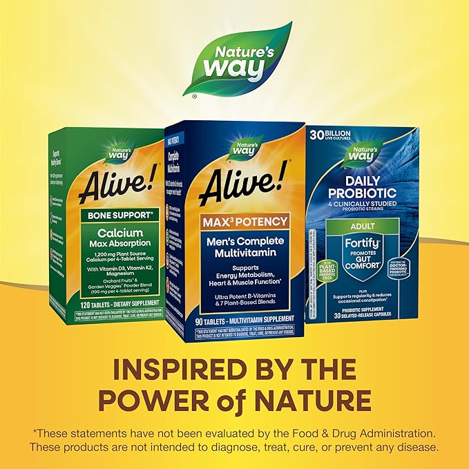 Nature’s Way Alive! Men’s Max3 Potency Multivitamin, Supports Energy Metabolism*, Heart & Muscle Function*, with Methylated B12 and Folate, Gluten-Free, 90 Tablets (Packaging May Vary)