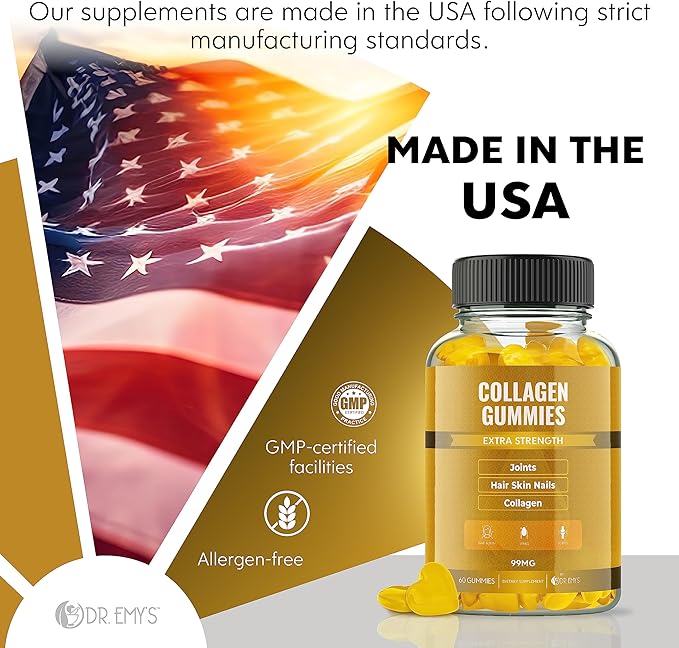 Dr. Emy's Collagen Gummies Gummy Vitamin for Women & Men, Hair, Skin, Nails, Joint Supplement Anti-Aging Collagen Gummy Supplements Strengthen Hair, Skin and Nails Gelatin-Free Non-GMO 60 ct Each(1)