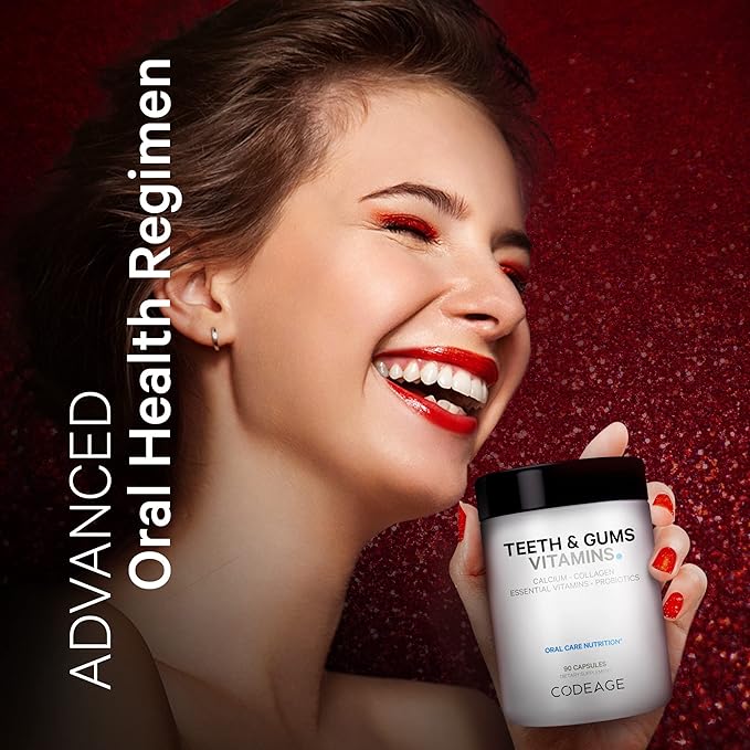 Codeage Teeth & Gums Vitamins + Oral Probiotics Supplement for Mouth - Whole Food Calcium, Collagen, Potassium, Vitamin C, D3, K2, Zinc – Oral Care & Dental Multivitamin Supplements - 2 Pack