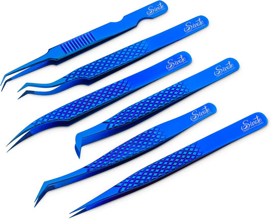 SIVOTE Eyelash Extension Tweezers Fiber Tips Japanese Steel, Set of 6 – Curved, Dolphin, 90° 45° Volume Boot & Slight Curved Tweezer – Professional Lash Tweezers for Lash Extensions Blue