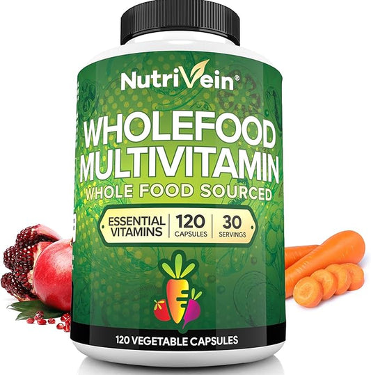 Nutrivein Whole Food Multivitamin - Complete Daily Vitamins for Men and Women from Natural Whole Foods, Real Raw Veggies, Fruits, Vitamin E, A, B Complex - 30 Day Supply (120 Capsules, Four Daily)