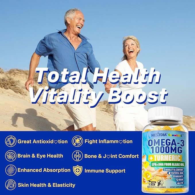 Vegan Omega-3 Gummies 1000mg + Turmeric - Omega 3 Fish Oil Alternative for Adults - Algae Omega DHA 600mg & EPA 300mg, Vitamins A, C, E, Zinc & MSM - Mobility, Immune, Eye & Brain, Sugar Free, 60 Cts