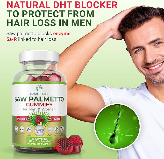 Vegan Saw Palmetto for Women & Men - Potent Saw Palmetto Extract, Prostate Supplements for Men, DHT Blocker for Womens Hair Growth, Hormonal Balance Gummies, PCOS Hair Loss, DHT Blocker, Gluten-Free
