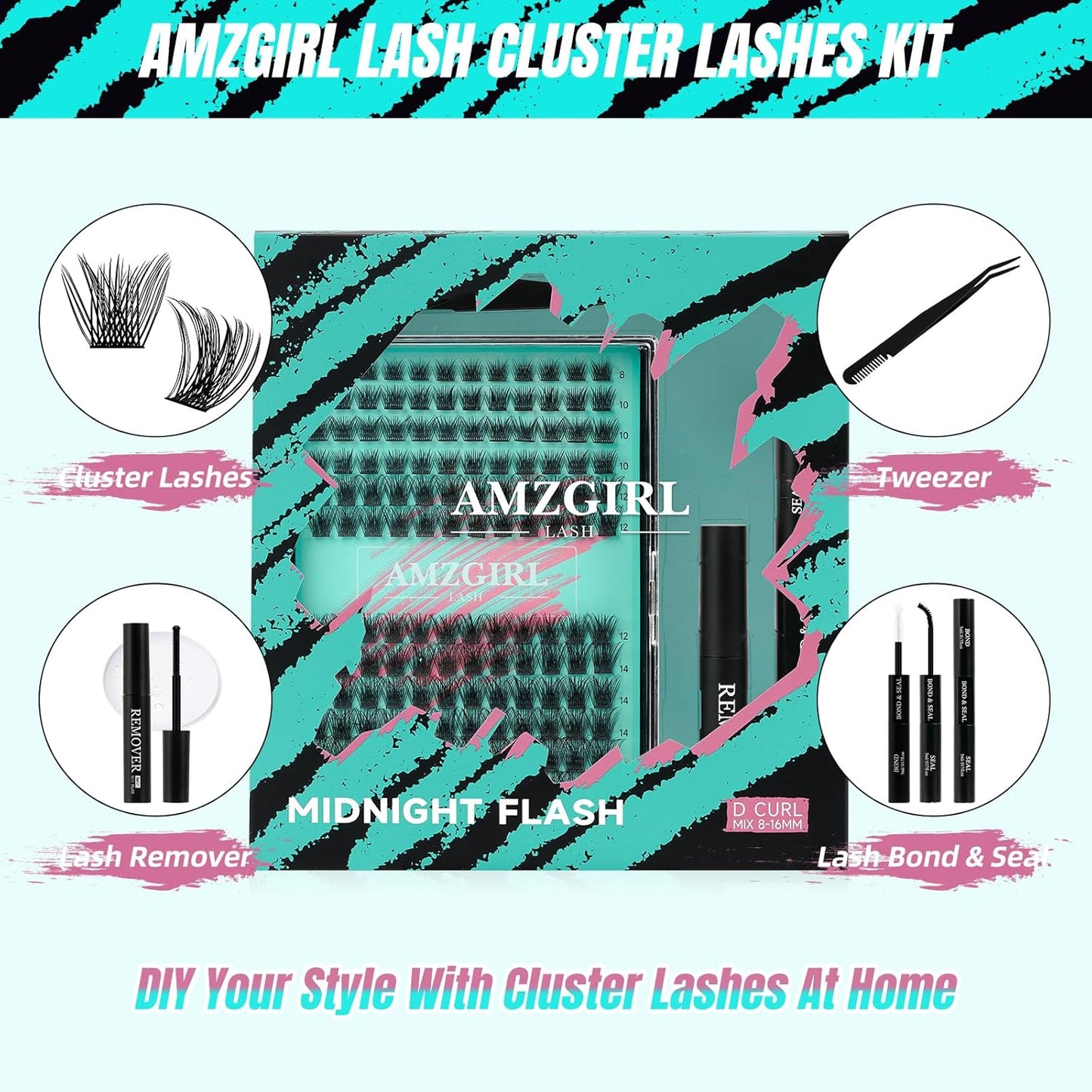 AMZGIRL LASH Midnight DIY Lash Extension Kit, 144 pcs Eyelash Clusters Kit Lash Bond and Seal, Lash Glue Remover and Applicator for Individual False Eyelashes Kit Lash Extensions(D-Mix 8-16mm Kit)