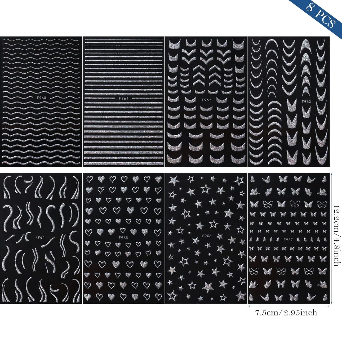 450Pcs French Tips Nail Stickers, 8 Sheets Self-Adhesive Classic Silver Matte Designs, French Manicure Nail Decals for Women Girls Beginners