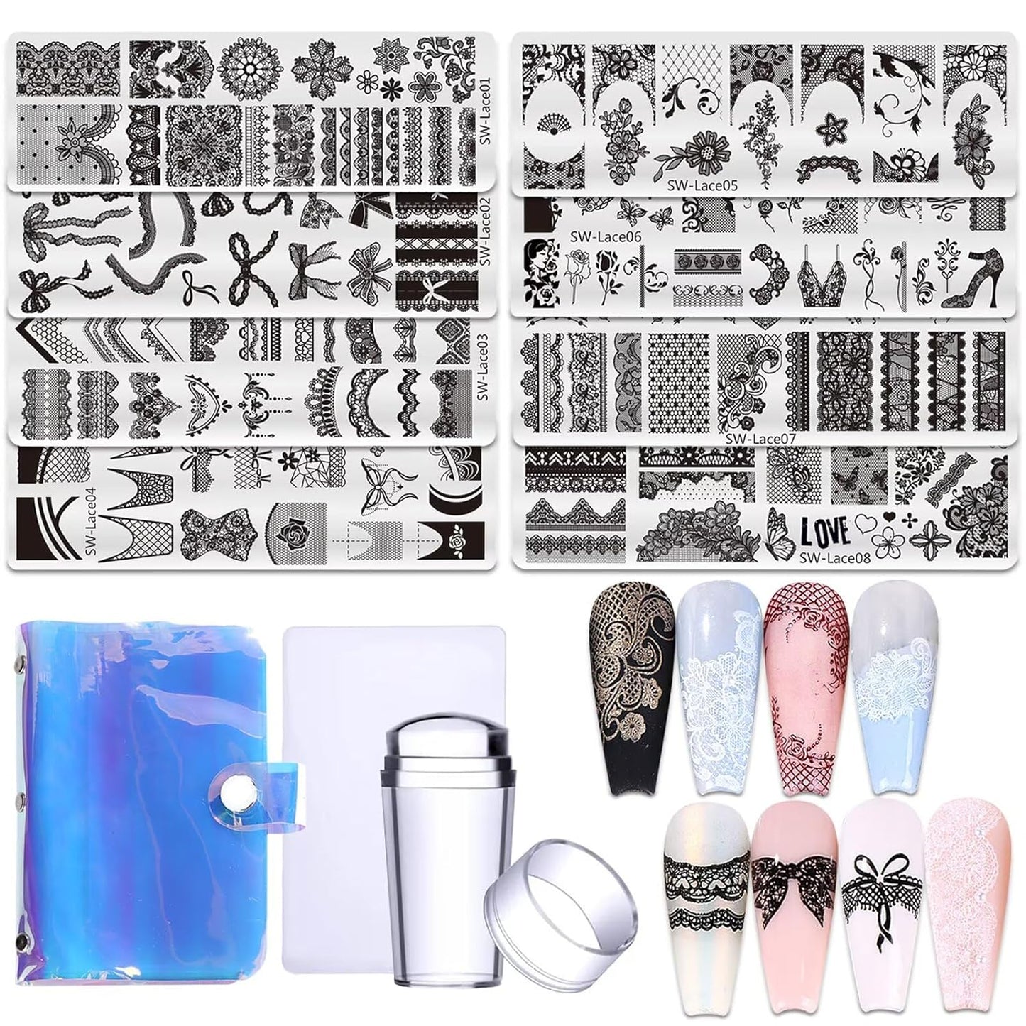 Lace Nail Stamping Plate Set - French Tip Stamp Silicone Nail Stamper Kit Bow Lace Design with Nail Stamp Plates Laser Storage Bag Nail Art Stencil Nail Supplies for Home DIY &Professional Salon