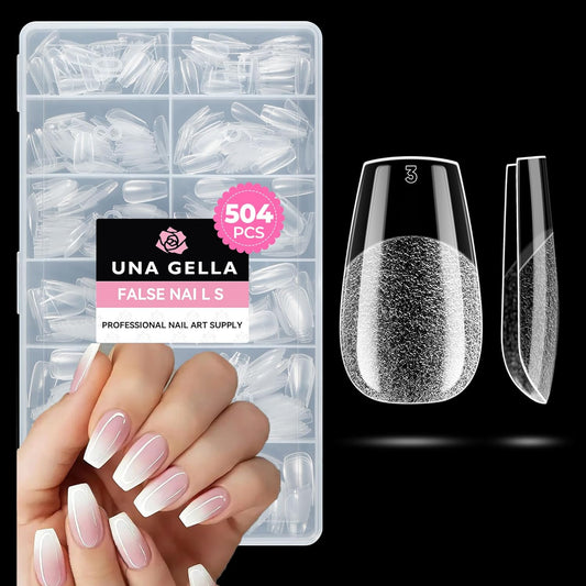 UNA GELLA Short Coffin Nails Tips, 504pcs No c Curve short Coffin Gel Press On Nails Pre Etched For Women Acrylic Nail Extension Full Cover Home Salon 12 Sizes