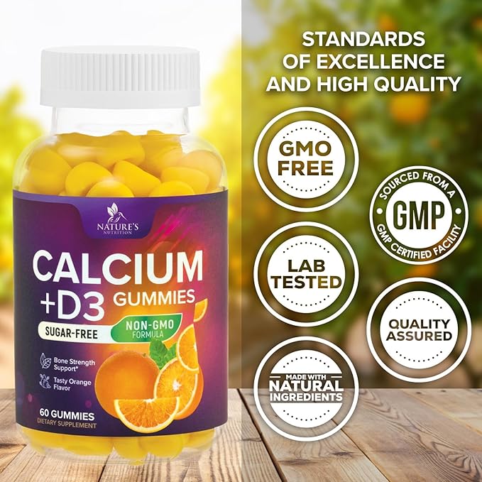 Sugar Free Calcium Gummy Bites Plus 400 IU Vitamin D3, Bone Health & Immune Support, Supports Bone Strength - Chewable Calcium Nutrition Supplement, Non-GMO, Orange Flavor Chews - 60 Gummies
