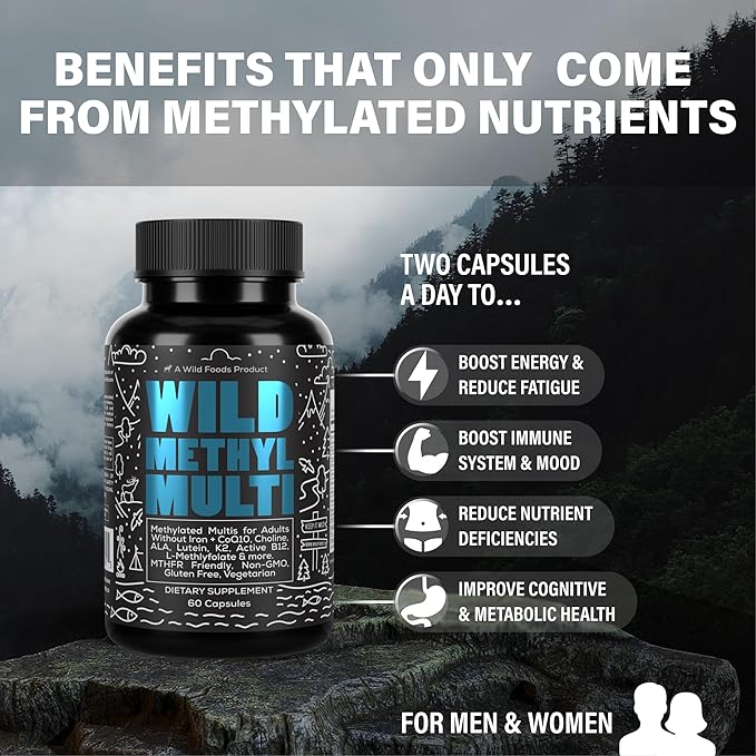 Wild Methylated Multivitamin for Women & Men | Daily Multi Vitamin | MTHFR Supplement Without Iron | Methylated B12, Folate, Vitamin C, A, K2, D, E, Choline, Biotin, ALA, CoQ10 & More (60 Capsules)