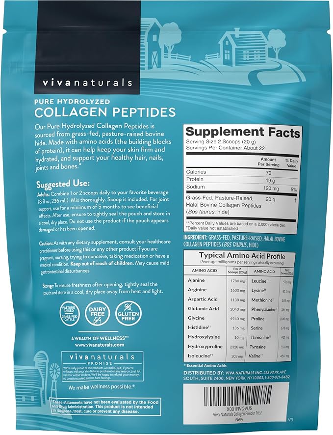 Viva Naturals Bovine Collagen Peptides Powder, 1 lb – Hydrolyzed Collagen for Women – Supporting Healthy Joints, Hair Skin and Nails – Unflavored Collagen Powder