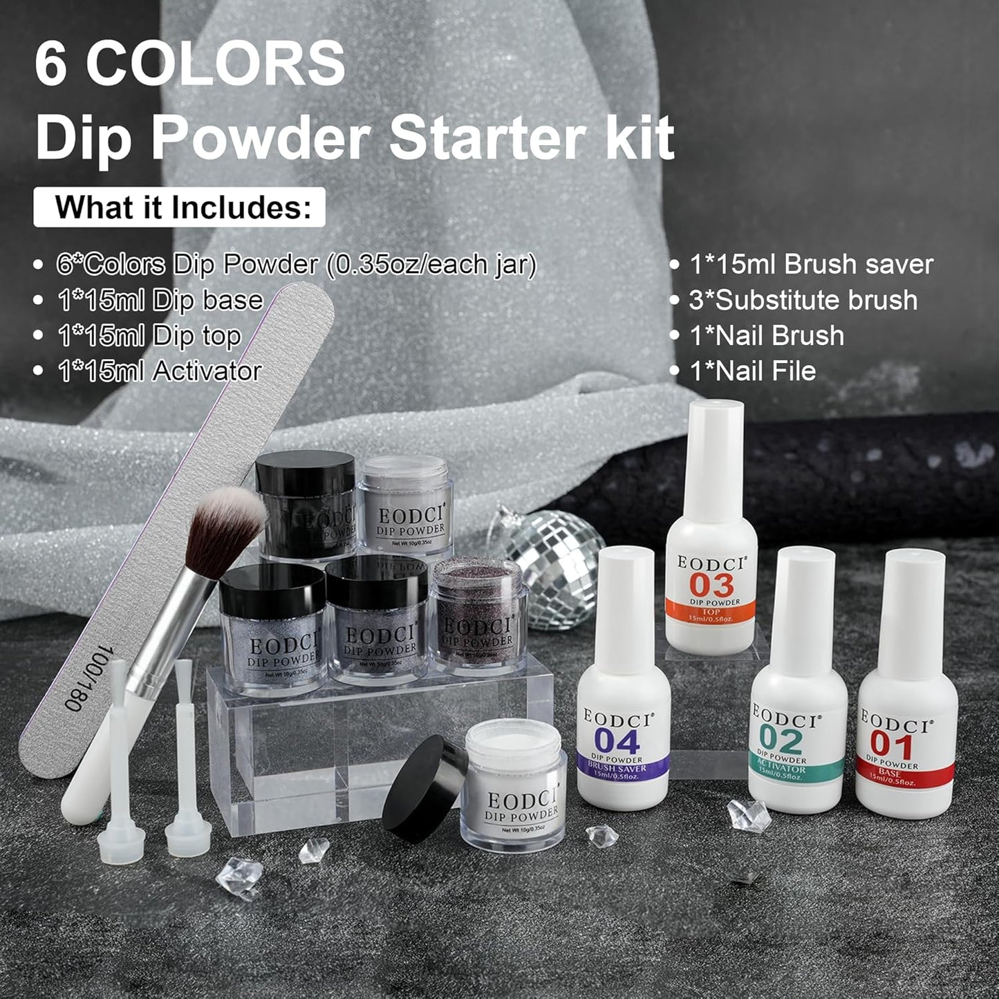 Dip Powder Nail Kit Starter, 6 Colors Glitter Dark Black White Dipping Powder Kit With Base & Top Coat/Activator/Brush Saver, Nail Art Manicure Salon DIY for Daily at Home Party Gifts for Women