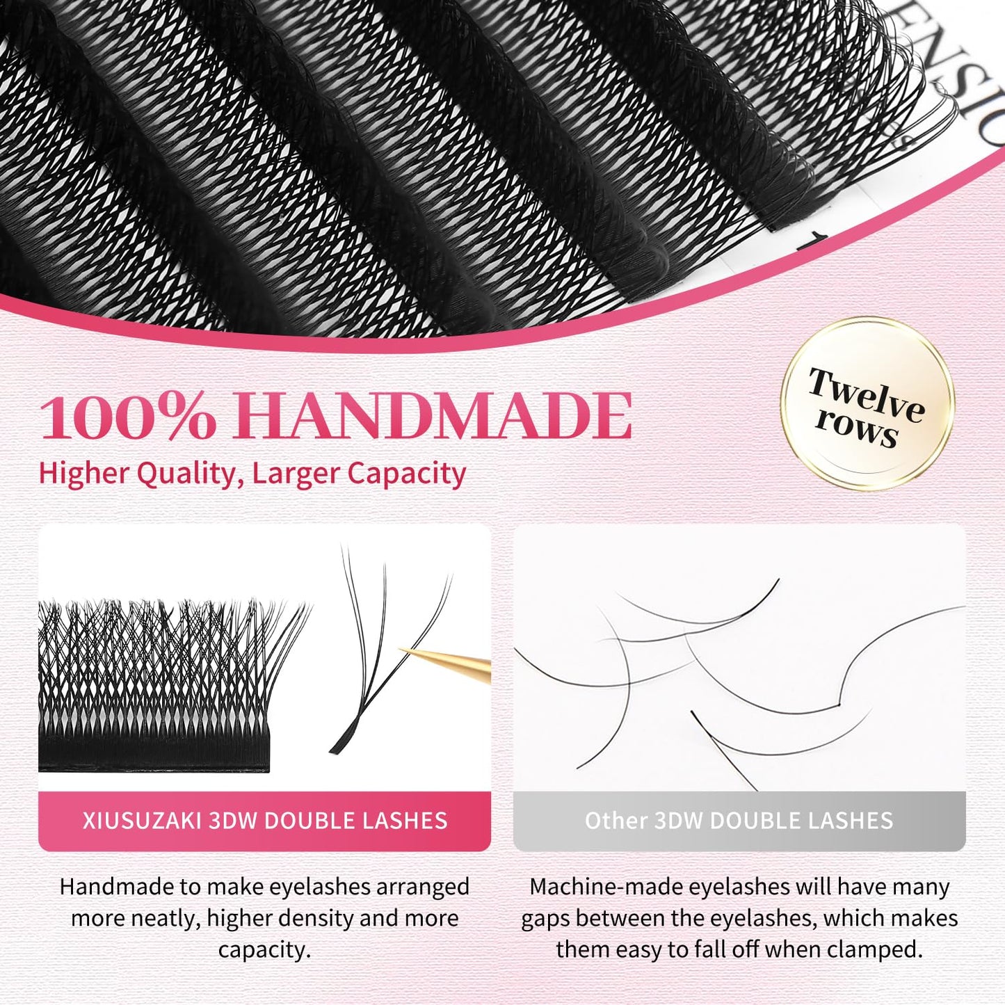 Lash Extensions Double Tips 3D Eyelash Extensions W Shape 0.07mm Thickness C Curl 13mm Premade Fans Easy Fan Volume Matte Black Crisscross Eyelashes(W-3D-Double Tips-0.07-C,13mm)