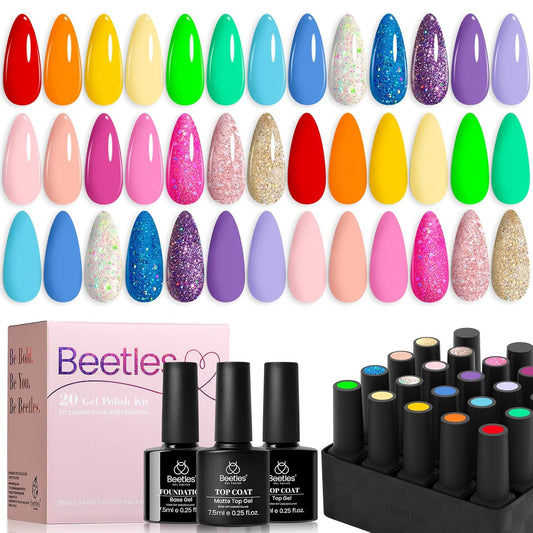 Beetles Summer Gel Nail Polish Set Green Pink Blue Glitter Nude Manicure Kit 23 Pcs 20 Colors Gifts for Women with Base Matte Glossy Top Coat Uv Lamp Needed Rainbow Magic