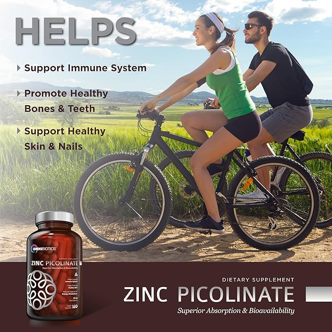Zinc Picolinate 30mg Supplement by OmniBiotics - Zinc 30 mg for Immune System Support, Zinc Supplements for Men & Women - Superior Absorption Zinc Vitamins, Promotes Healthy Skin - 180 Vegan Capsules