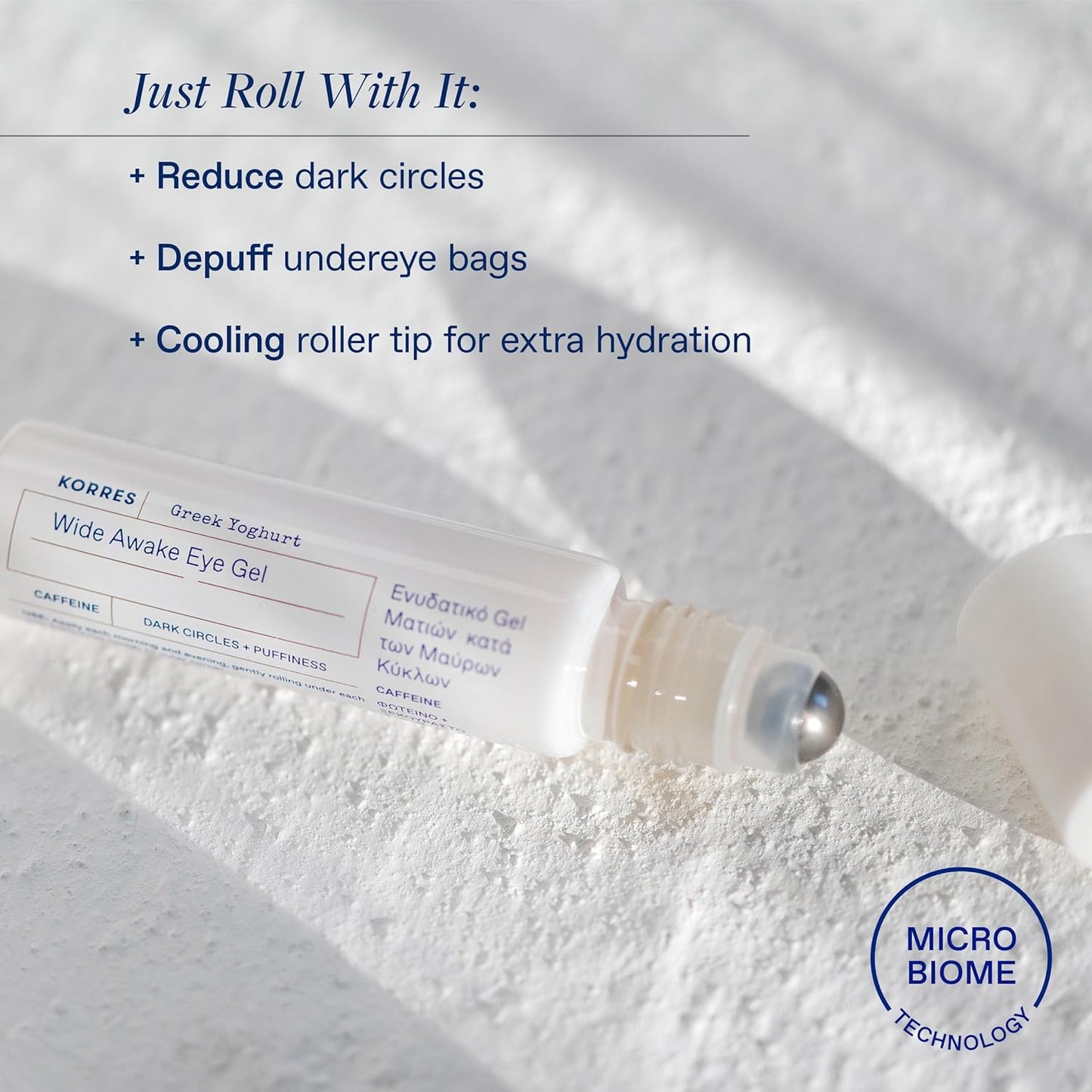 KORRES Greek Yoghurt Wide Awake Eye Gel Serum with Hyaluronic Acid and Caffeine for Dark Circles, Puffy Eyes and Under Eye Bags, Roller Massage Ball Applicator, Brightening and Hydrating, 0.51 fl oz