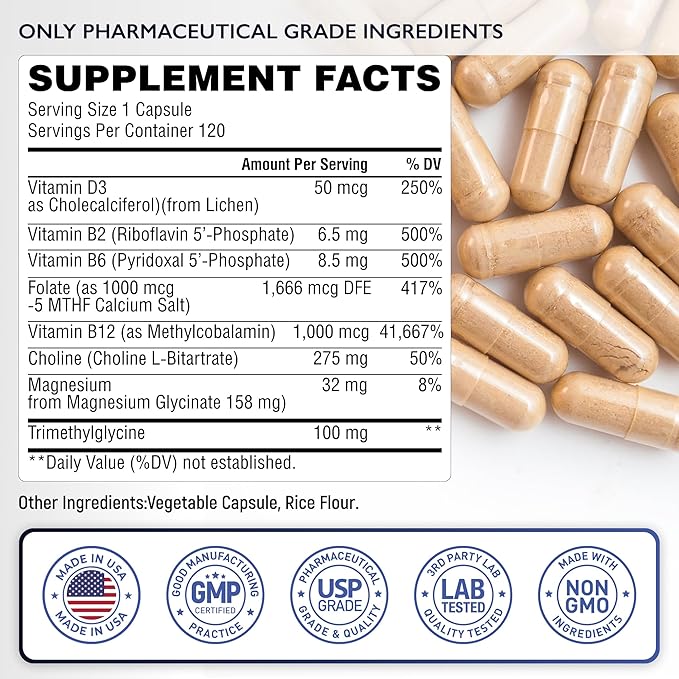 Methylated Multivitamin 550mg - Methylated B Complex, L-MTHF & B12 + TMG - for Men & Women - Methylation Support, Energy & Heart - Pharmaceutical Grade, Laboratory Tested - Made in USA - 120 Capsules