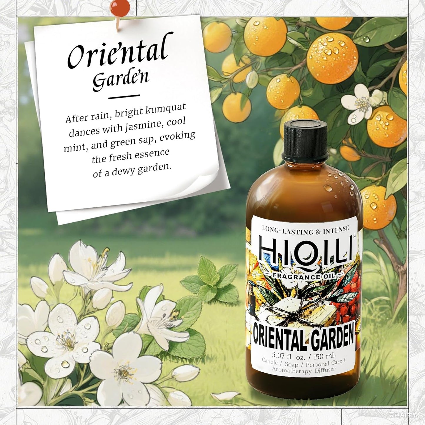 HIQILI Oriental Garden Fragrance Oil for Candle & Soap Making, Inspired by H.er-mes Le-Jrn deMonsr-Li, Luxury Hotel Scents for Essential Oil Diffuser, Aromatherapy - 5.07 Fl Oz