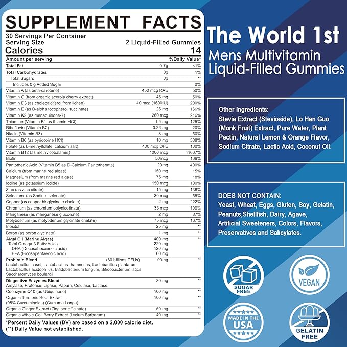(2 Pack) Multivitamin for Men, Daily Mens Multivitamins & Multiminerals Gummies, Mens Vitamins A C D E B6 B12, Methylfolate, Omega 3, Probiotics, Enzymes for Energy, Immunity, Sugar Free, (No Iron)