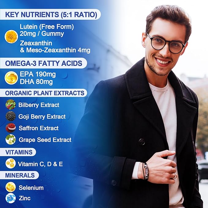 Sugar Free Lutein 20mg 40mg and Zeaxanthin Gummies for Eyes with EPA 190mg & DHA 80mg, Eye Vitamins Filled Gummies Plus Bilberry, Goji Berry & Saffron, Eye Health Supplements for Adults - Vegan, 60Cts
