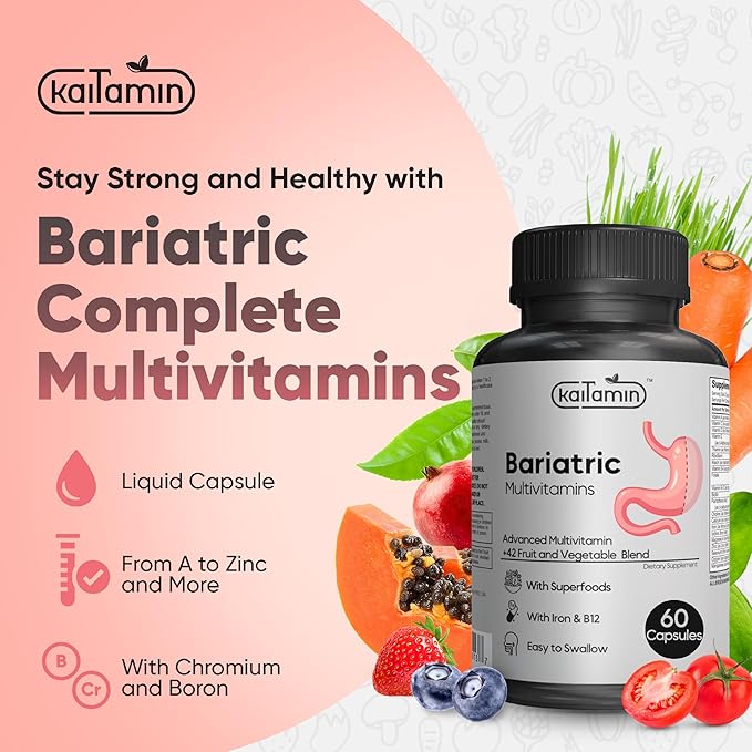 Bariatric Multivitamin with Iron - Easy-to-Swallow Capsule for Post Bariatric Surgery - Post Sleeve and Post Bypass with 42 Fruit & Veggies Blend - 60 Liquid Capsules - 1 Months’ Supply