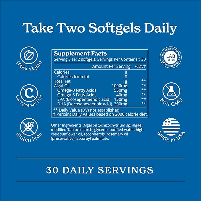 Vegan Omega 3-450mg DHA & EPA Fatty Acids - Sustainable Algae Oil - Plant-Based Fish Oil Alternative - Carrageenan-Free Softgels (120 Ct)