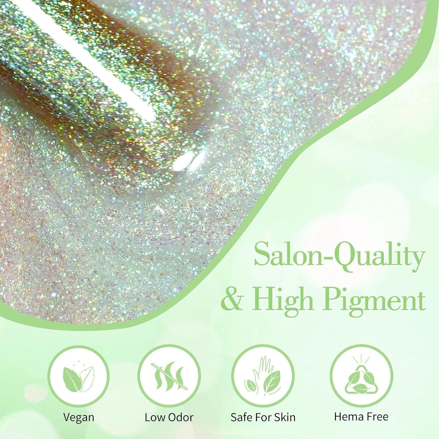 CANNI 1 Pcs Glitter Green Gel Nail Polish, Shimmer Sparkly Light Green Colors Gel Polish Soak Off Led Nail Art Gel Manicure Salon DIY