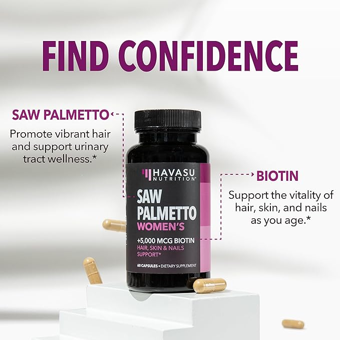 Saw Palmetto for Women + 5000 mcg Biotin Supplement - DHT Blocker Hair Health Vitamins - Supports Stronger Appearance of Hair for Women Post-Partum - Month Supply Vegan Women's Saw Palmetto