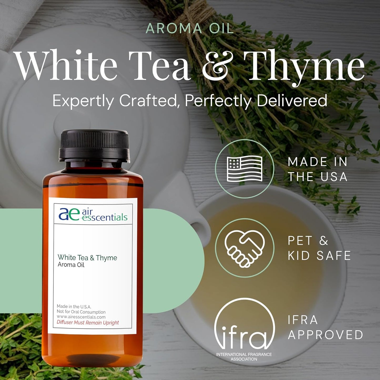 White Tea & Thyme Aroma Oil, Essential Oils Blend for Diffusers & Scent Machines, Rose Petals, Thyme & Balsam, Aromatherapy, Cold Air Diffuser Compatible, 300 mL