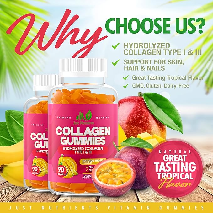 Collagen Gummies for Women & Men (90 Count) - Hydrolyzed Collagen Type I & III for Hair, Skin, Nails & Joints - Gluten-Free, Non-GMO - 90 Gummies