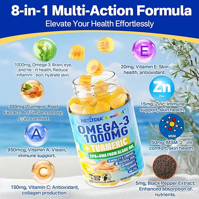 Vegan Omega-3 Gummies 1000mg + Turmeric - Omega 3 Fish Oil Alternative for Adults - Algae Omega DHA 600mg & EPA 300mg, Vitamins A, C, E, Zinc & MSM - Mobility, Immune, Eye & Brain, Sugar Free, 120 Cts