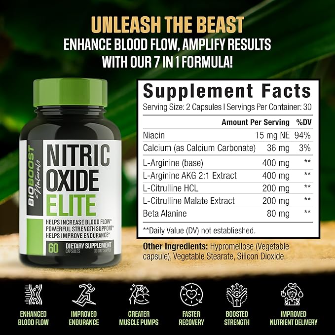BioBoost | #1 Dosed Nitric Oxide Supplement Booster for Men | L Citrulline, L Arginine, Beta Alanine + 4 More Ingredients for Rapid Blood Flow, Skin Splitting Pumps, Strength - 60 Capsules